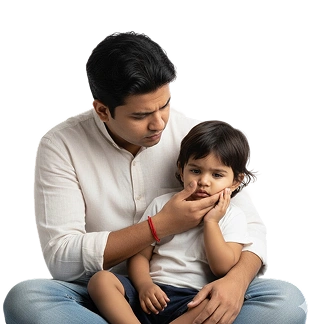 Father comforting young boy suffering from a toothache before visiting a painless kids dentist in Thane West