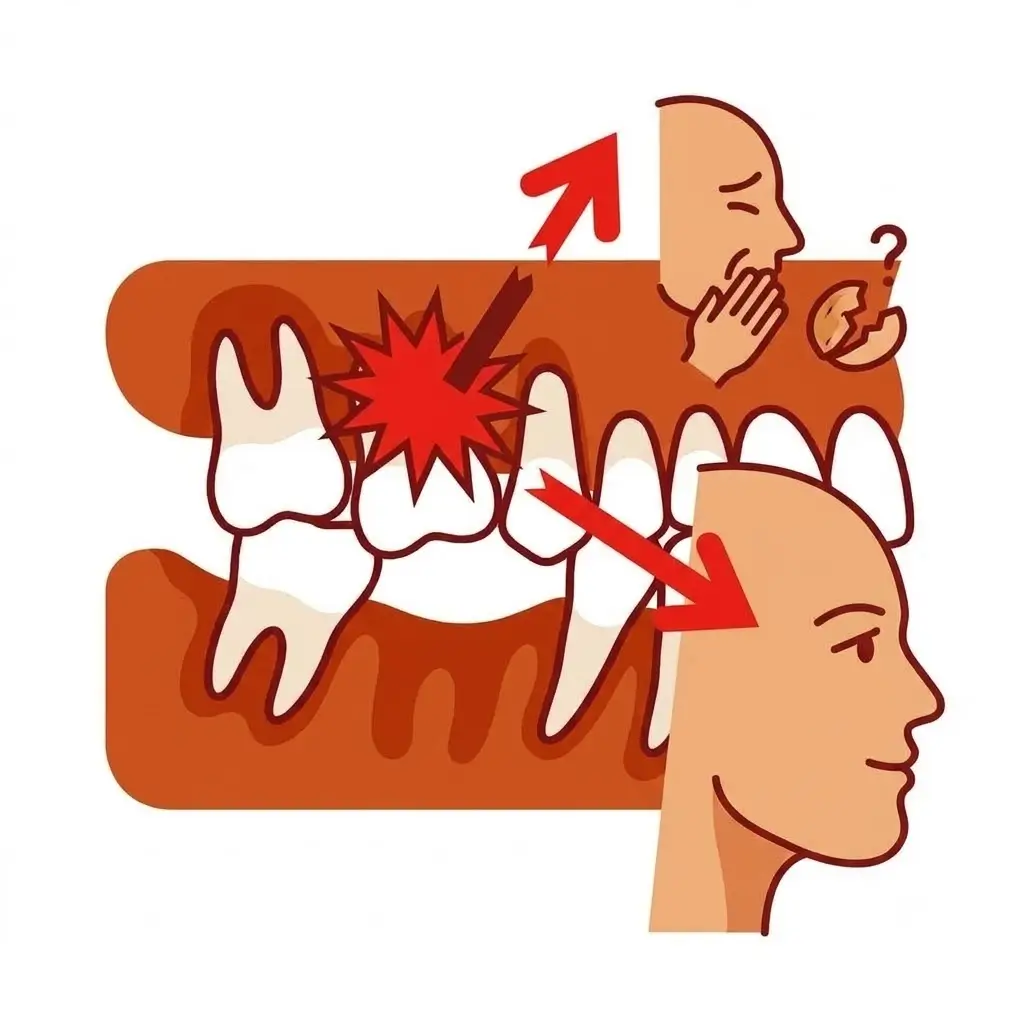 Illustration showing jaw misalignment, facial appearance changes, and referred dental pain caused by missing teeth.