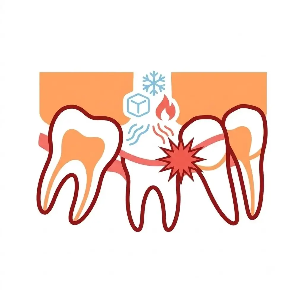 Dentist in Thane West Minimalist vector icon showing a tooth with a red star flash and hot and cold icons indicating temporary sensitivity after a filling.